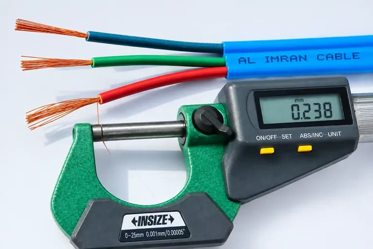 Digital micrometer measuring a conductor during quality inspection of an AL IMRAN submersible cable