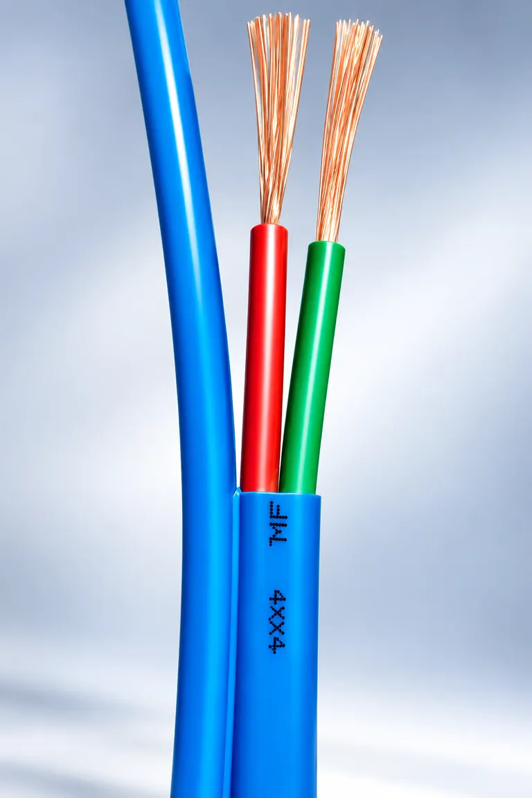 Close-up of stripped copper conductors emerging from a PVC-insulated submersible pump cable